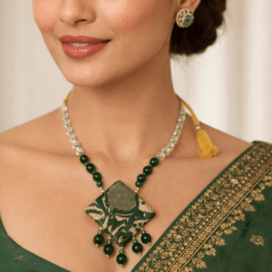 Handmade Jewelry - Green Muga Silk Necklace Set with Crystal Beads Pendant