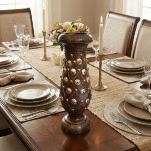Handcrafted Floral Studded Wooden Decorative Vase
