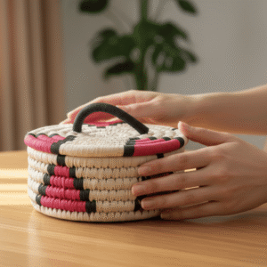 Red and Brown Woven Basket with Lid in Sabai Grass
