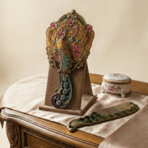 Handcrafted Peacock Motif Wooden Mirror and Comb Set