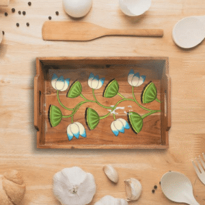 Handpainted Blue Green Lotus Rectangle Tray