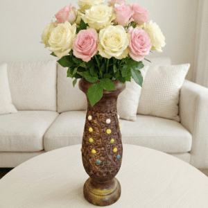 Handcrafted Carved Wooden Decorative Vase with Stud Accents