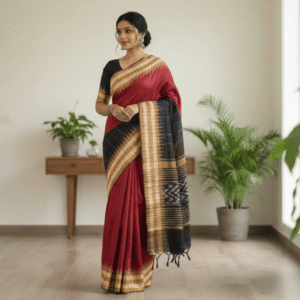 Traditional Handloom Saree in Red and Black