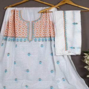 Handmade Chikankari Cotton Suit with Sky Blue and Orange Embroidery