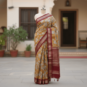 Kalamkari Mustard Floral Cotton Saree with Maroon Border