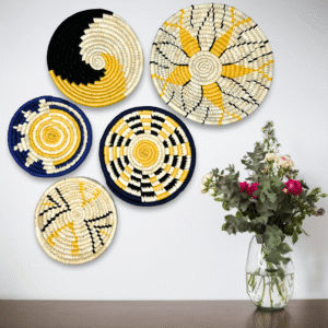Handwoven Sabai Grass Wall Plates, Yellow & Blue