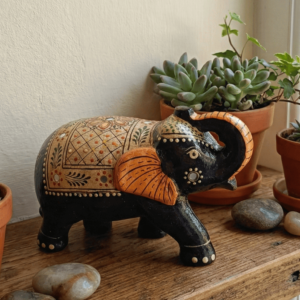 Handcrafted Wooden Elephant Figurine with Hand-Painted Motifs
