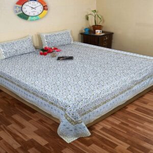 Handmade Block Print Wilderness Weave Cotton Bedsheet with Natural Indigo Dye