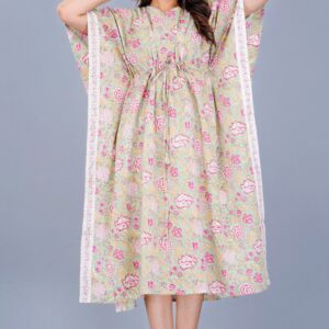 Handmade Block Print Pastel Petals Lace Kaftan in Cotton Fabric