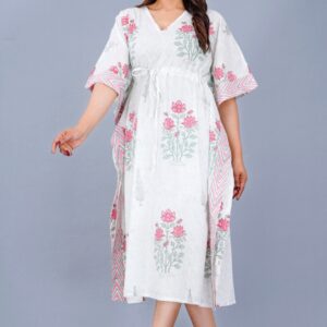 Floral Block Prints Blush Boom Kaftan in Handwoven Cotton