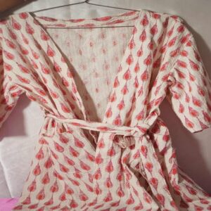 Handcrafted Haven Robe in White with Pink Block Prints - Lead Motifs