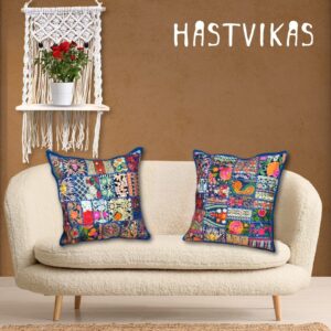 Bold Blue and Red Kambhari Cushion Covers with Macrame Pot Holder
