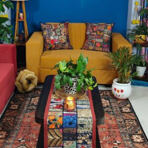 Bold Blue and Red Kambhari Cushion Covers and Table Runner