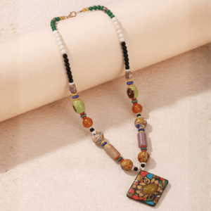 Earthy Mosaic Pendant Beads Necklace