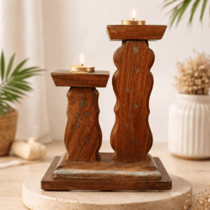 Twin Flame Handcrafted Wooden Candle Holder Set