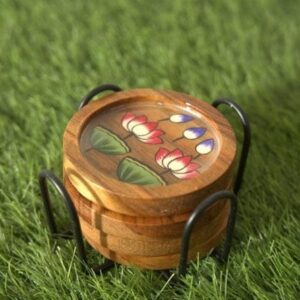 Handpainted Mango Wood Coasters with Lotus Motifs