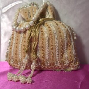Creme Velvet Handmade Beaded Embroidery Handbag Flat Bottom