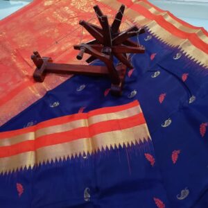 Rich Blue Silk Saree with Orange and Zari Border