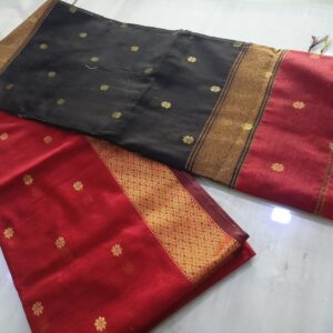 Black Silk Cotton Saree with Red Border and Floral Motifs