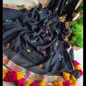 Black Cotton Saree with Mirror and Pompom Work