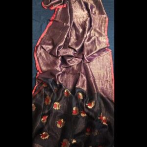 Black Cotton Linen Saree with Golden Motifs