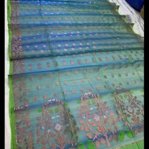 Handwoven Blue Green Jamdani Saree with Floral and Geometric designs