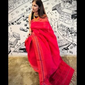 Vibrant Handwoven Cotton Saree with Katha Border