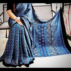 Vibrant Blue Ajrakh Modal Silk Saree