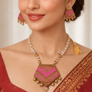 Handmade Jewelry - Assamese Gamusa Pink Muga Silk Necklace Set with Crystal Beads with Earrings