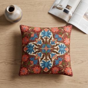 Kashmiri Crewel Embroidery Cushion Cover — Crimson Medallion with Blue & Coral Floral