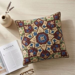 Kashmiri Crewel Embroidery Cushion Cover — Natural Beige with Maroon & Blue Geometric Mandala