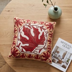 Kashmiri Crewel Embroidery Cushion Cover — Sand Beige with Crimson Chinar Leaf Medallion