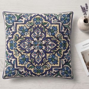 Kashmiri Crewel Embroidery Cushion Cover — Cream & Indigo Blue Mandala Floral