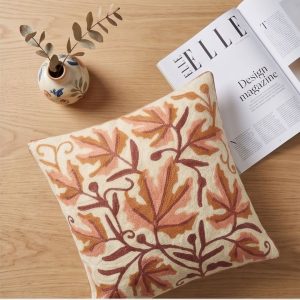 Kashmiri Crewel Embroidery Cushion Cover — Ivory Autumn Maple Leaf