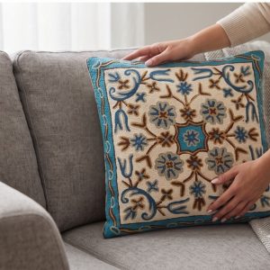 Kashmiri Crewel Embroidery Cushion Cover — Ivory & Turquoise Geometric Tile