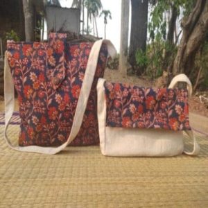 Indigo Bloom Kalamkari Canvas Tote & Sling Set