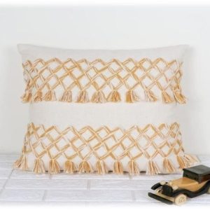 Fringed Cushion Cover with Geometric Design in Handwoven Cotton