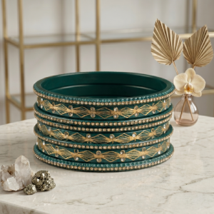 Gold Pattern Green Lac Bangles Set