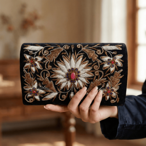 Rosette Bloom Zardozi Embroidered Clutch Purse