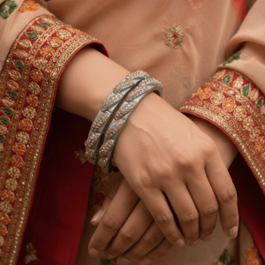Silver Color Lac Bangle Set with Champagne Rhinestones