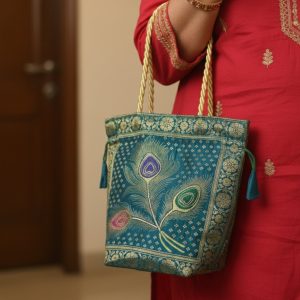 Teal Peacock Feather Banarasi Potli Bag