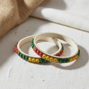 Tri-Color Beaded Lac Bangles with Rhinestones – Set of 2