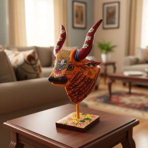 Wooden Cow in Sunlit Yellow and Brick Red